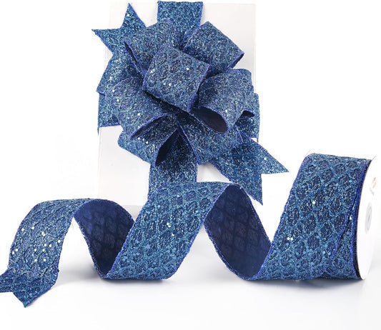 HUIHUANG Navy Blue Wired Ribbon 2.5 inch Glitter Diamond Mesh Wire Edge Ribbon for Christmas Tree, Wreaths, Garland, Gift Wrapping, Bows Making, Holiday Decor -10 Yards - Crafty Corner