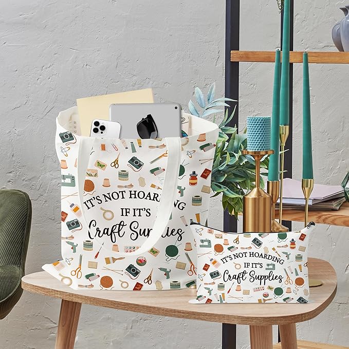 Y1tvei Crafter Canvas Bag Set - 2Pcs It's Not Hoarding If It's Craft Supplies Canvas Tote Bag Makeup Pouch, Craft Reusable Grocery Shopping Handbag Gift for Crafting Sewing Lover Birthday Party Favors