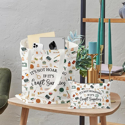 Y1tvei Crafter Canvas Bag Set - 2Pcs It's Not Hoarding If It's Craft Supplies Canvas Tote Bag Makeup Pouch, Craft Reusable Grocery Shopping Handbag Gift for Crafting Sewing Lover Birthday Party Favors
