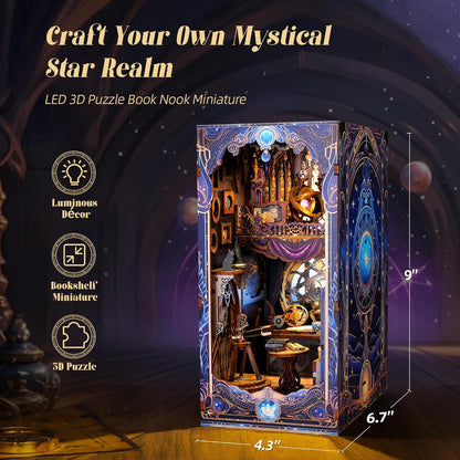 3D Wood Puzzle Book Nook Kit, Astrology Star Map Bookshelf Insert with LED Lights, DIY Celestial Miniature Bookend Décor for Display, Unique Craft Gift for Adults and Teens (Astrology)