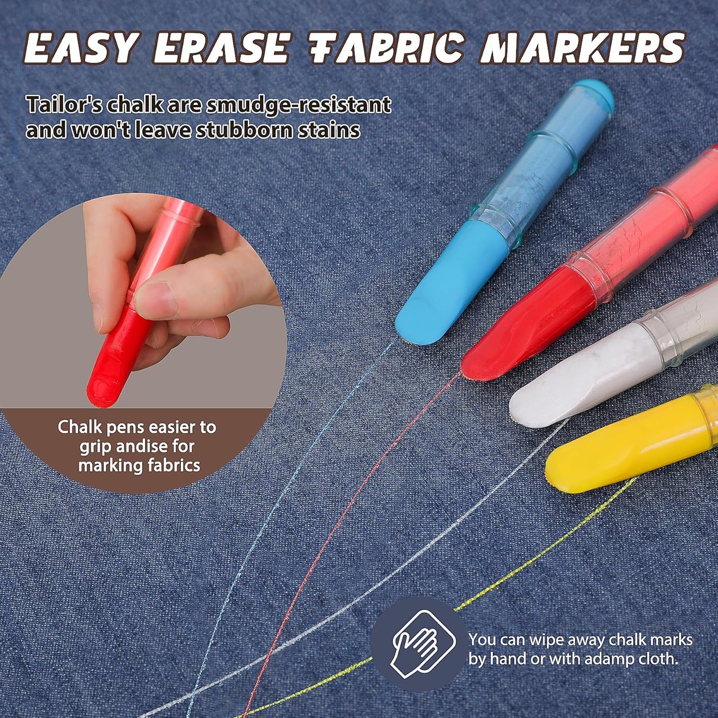 Fabric Chalk Markers for Sewing,Quilting,Crafting|Erasable Tailor Chalk|Work on Various Fabrics|Dosing Wheel Drawing Intricate Patterns Precise Lines-Per Pack(Red,Yellow,Blue,White and 1Ruler)
