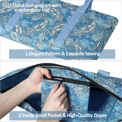 American Mahjong Game Set, 166 Quality White Tiles, 4 All-in-One Color Rack/Pushers, Mahjong Tile Set with Light Blue Printed Carrying Bag