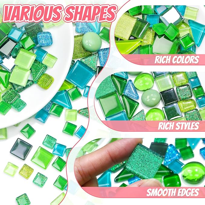 Glass Mosaic Tiles Crafts: Pre-Cut Waterproof 300 Pieces Green for DIY Outdoor Home & Garden Art Projects - Decor Patio Stepping Stones Kits - Mother Gifts & Family Bonding Activities