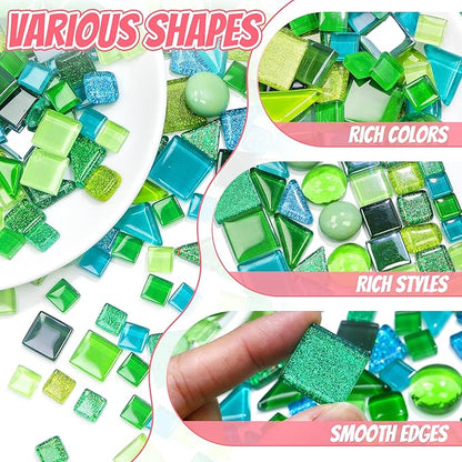 Glass Mosaic Tiles Crafts: Pre-Cut Waterproof 300 Pieces Green for DIY Outdoor Home & Garden Art Projects - Decor Patio Stepping Stones Kits - Mother Gifts & Family Bonding Activities