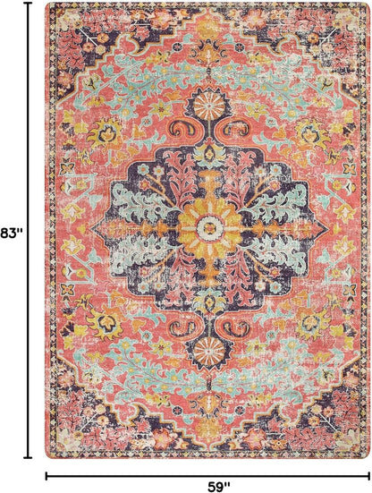 Lahome 5x7 Boho Living Room Rug Colorful Bedroom Rug, Large Bohemian Nursery Rugs, Hot Pink Non-Slip Machine Washable Soft Playroom Mat Indoor Floor Accent Carpet for Dining Table Mud Room