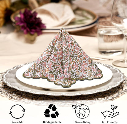 Ridhi Sassy Salmon Pink Hand Block Print Napkins 18" x 18" Set of 4 Reusable Cotton Dinner Napkins for Weddings, Parties & Everyday Dining, Thanksgiving, Christmas, Fall