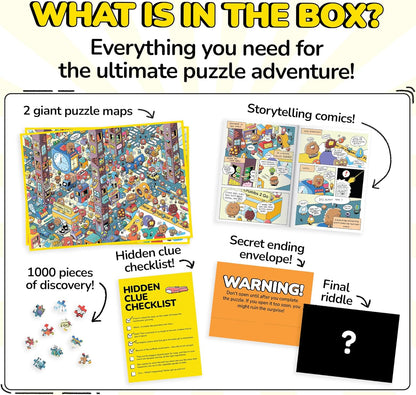 Odd Pieces Jigsaw Puzzles 1000 Pieces - Magic Mystery Story Secret Ending Puzzle - Perfect Game Night for Adults & Kids - Cartoon City Building Theme Sci-Fi (Turbo 3000)