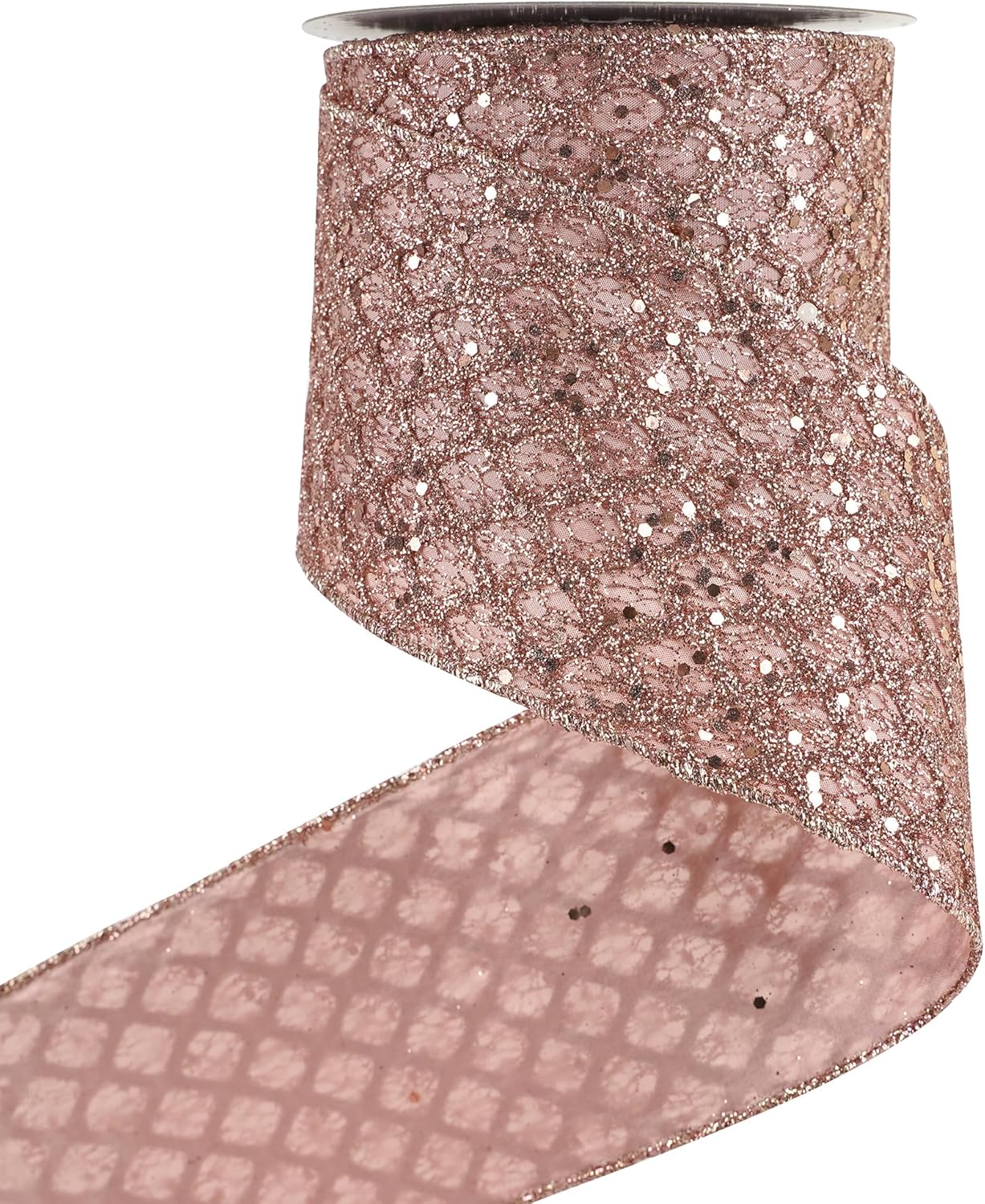 HUIHUANG Rose Gold Christmas Ribbon 4 inch Rose Gold Glitter Wired Ribbon Diamond Mesh Wire Ribbon for X-mas Tree Decorations, Wreaths, Garland, Large Bows Making, Home Decor -10 Yards - Crafty Corner