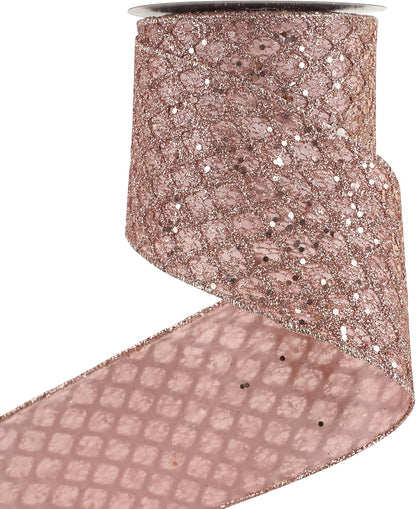 HUIHUANG Rose Gold Christmas Ribbon 4 inch Rose Gold Glitter Wired Ribbon Diamond Mesh Wire Ribbon for X-mas Tree Decorations, Wreaths, Garland, Large Bows Making, Home Decor -10 Yards - Crafty Corner