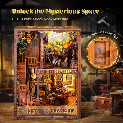 3D Wooden Puzzle Book Nook Kit with LED Light, DIY Miniature Bookshelf Insert Décor for Display, Unique Craft Gift for Adults and Teens (Key Tracking)