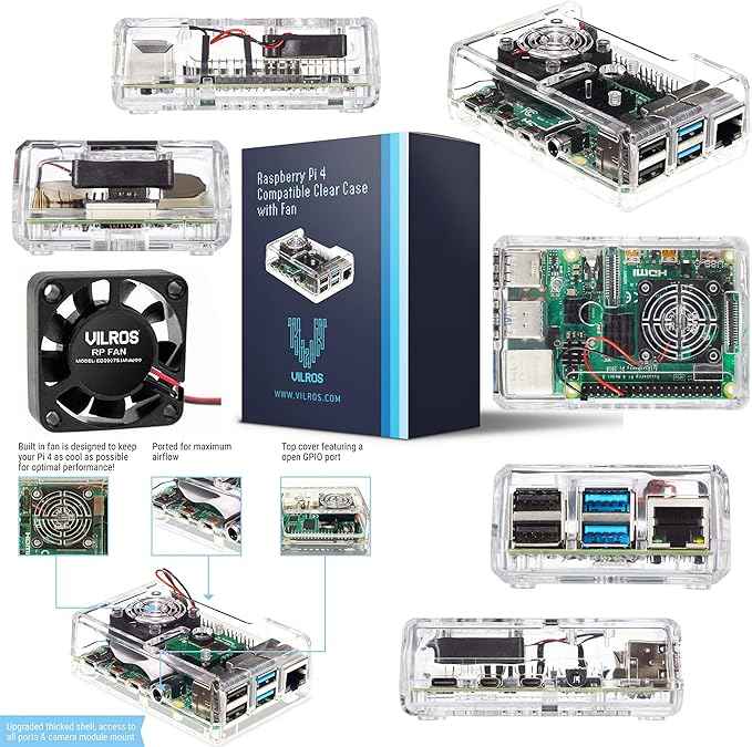 Vilros Raspberry Pi 4 Complete Starter Kit- Includes Raspberry Pi 4 Board, Fan Cooled Case, 64GB Preloaded Micro SD Card and More (8GB, Clear Transparent Case)