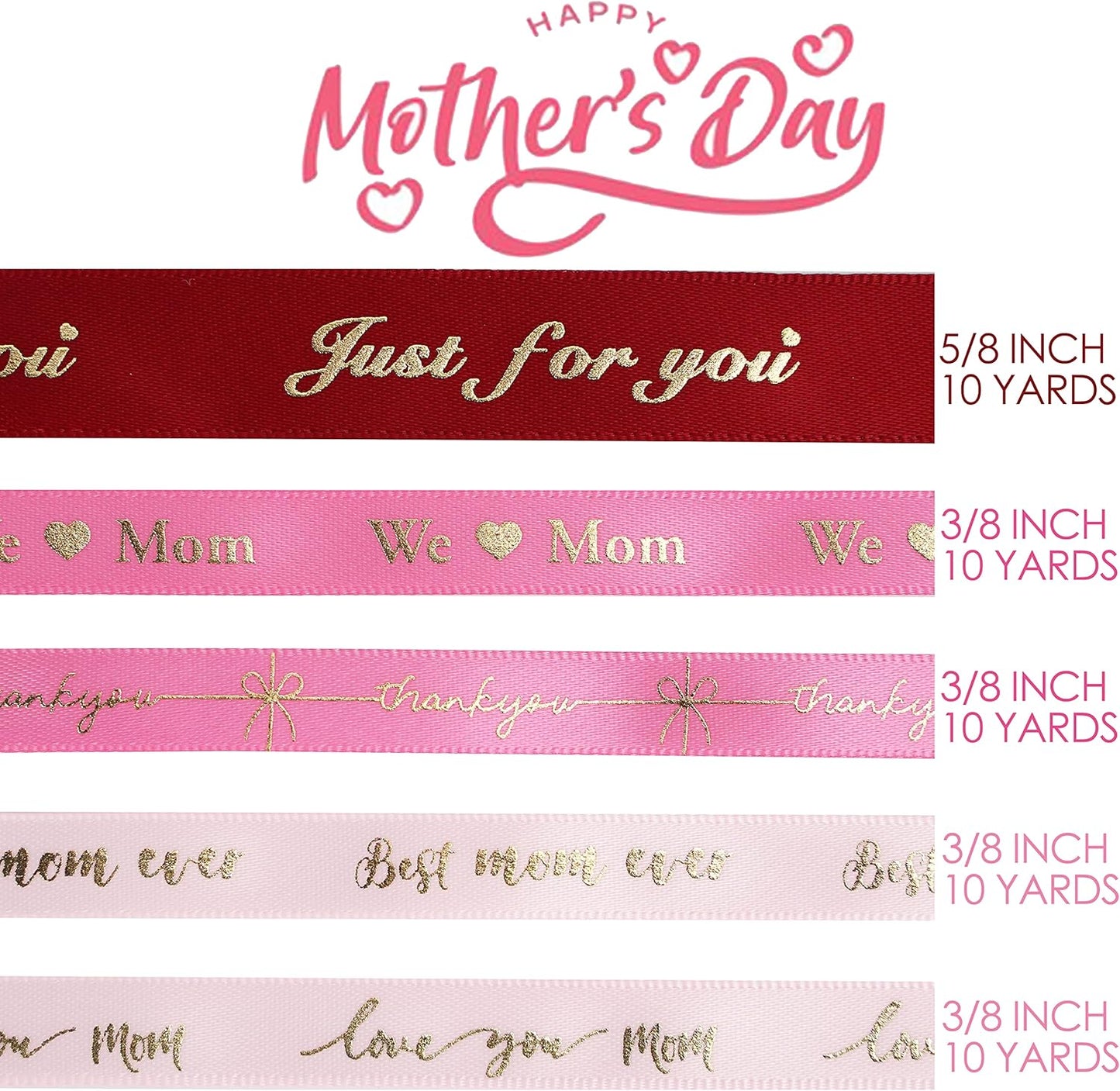 MEEDEE Pink Ribbon for Gift Wrapping Thank You Just for You Ribbon Mothers Day Gift Box Double Face Satin Assortment Thin Pink Satin Fabric, 5 Rolls 10 Yards Each Total 50 Yards - Crafty Corner