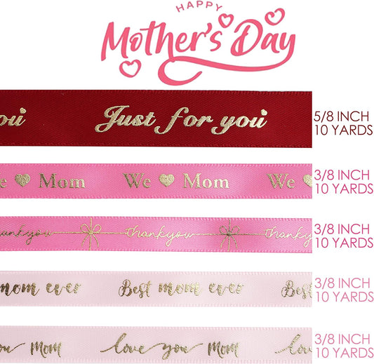 MEEDEE Pink Ribbon for Gift Wrapping Thank You Just for You Ribbon Mothers Day Gift Box Double Face Satin Assortment Thin Pink Satin Fabric, 5 Rolls 10 Yards Each Total 50 Yards - Crafty Corner