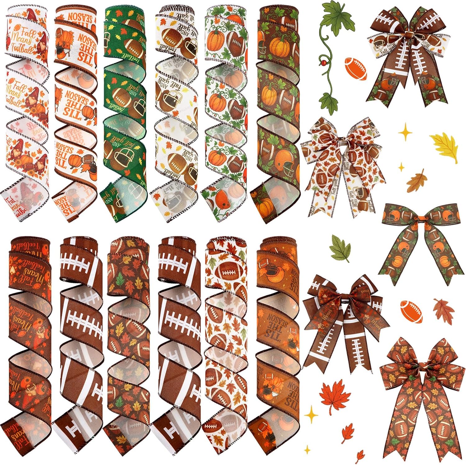 12 Rolls Fall Football Wired Edge Ribbon for Wreaths 2 Inch x 60 Yards Maple Leaves Pumpkin Football Print Ribbon Crafts for Thanksgiving Harvest Party Decorative Supplies, 12 Styles - Crafty Corner