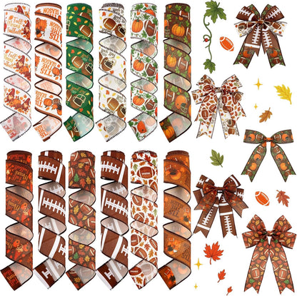 12 Rolls Fall Football Wired Edge Ribbon for Wreaths 2 Inch x 60 Yards Maple Leaves Pumpkin Football Print Ribbon Crafts for Thanksgiving Harvest Party Decorative Supplies, 12 Styles - Crafty Corner