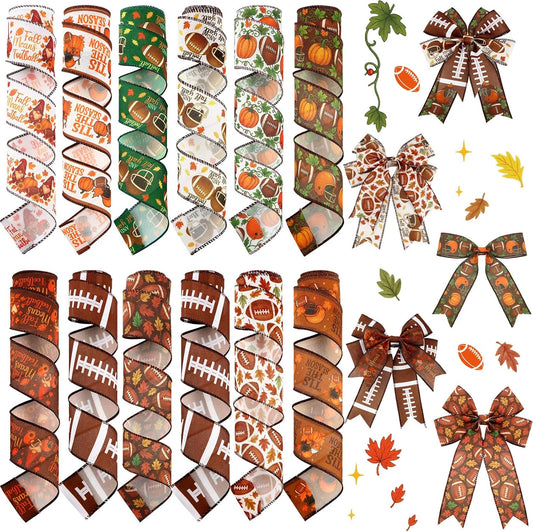 12 Rolls Fall Football Wired Edge Ribbon for Wreaths 2 Inch x 60 Yards Maple Leaves Pumpkin Football Print Ribbon Crafts for Thanksgiving Harvest Party Decorative Supplies, 12 Styles - Crafty Corner
