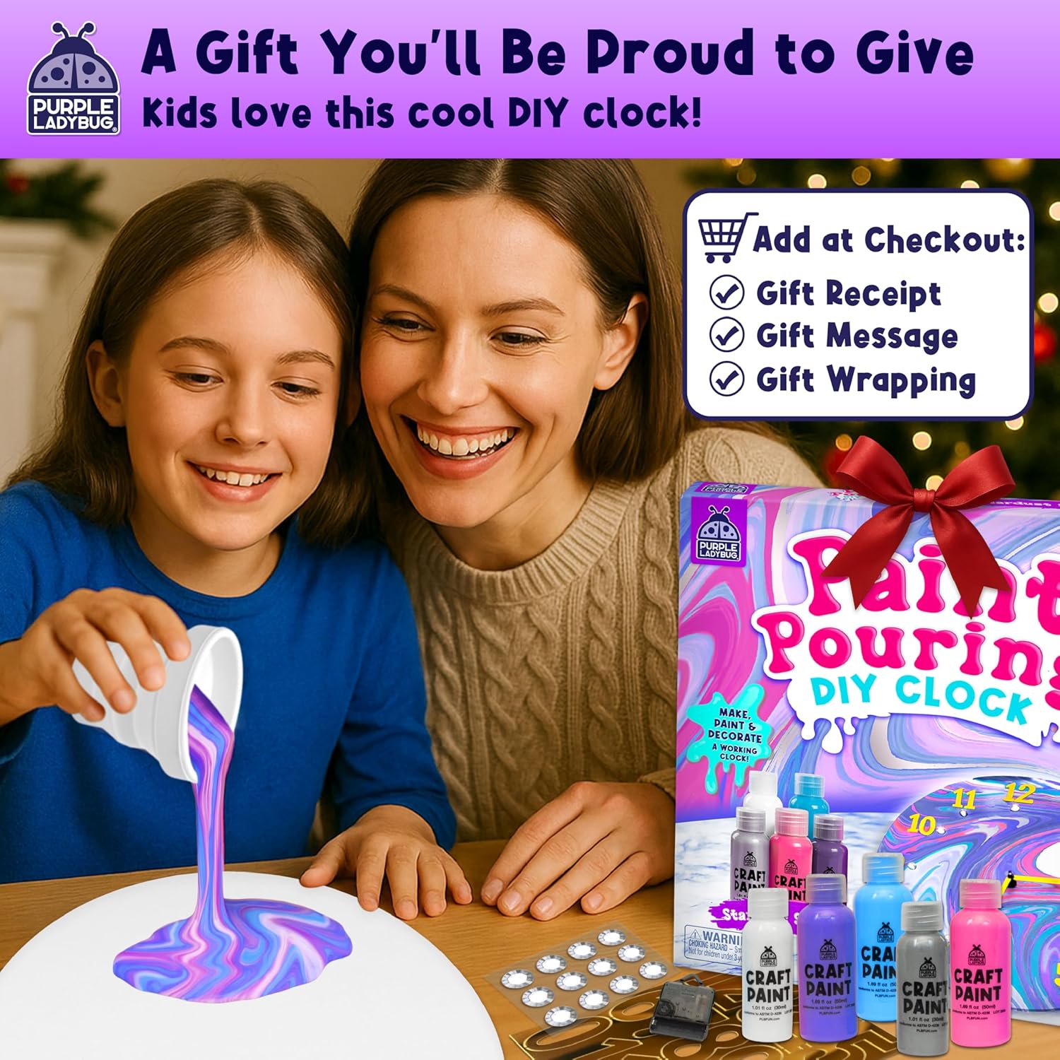 Paint Pouring DIY Clock Kit - Complete Decorate & Painting Kit for Kids 6-8 - Creative Arts & Crafts for Girls Age 10-12 - Christmas Boys & Girls Gifts 8-12 Years Old - Tween & Teen Girl Gifts Ideas - Crafty Corner