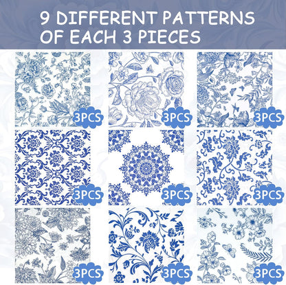 Decoupage Napkins Assorted Floral 27 Pack 9 Styles for DIY Crafting Birthday Party ， Decorative Decoupage Napkins Cocktail Paper ，Each Unfolded 13 Inch (Blue and White Floral)