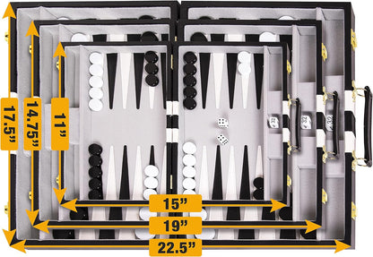 Backgammon Sets for Adults with Premium Leather Case | Classic Travel Backgammon Set for Adults and Kids with Strategy & Guide | 15 Inches | Medium | Black