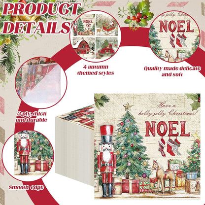Janlaugh 200 Pcs Christmas Cocktail Napkins Disposable Nutcracker Paper Napkins Decoupage 2 Ply Vintage Santa Beverage Dinner Towels for Xmas Party Favor Supplies