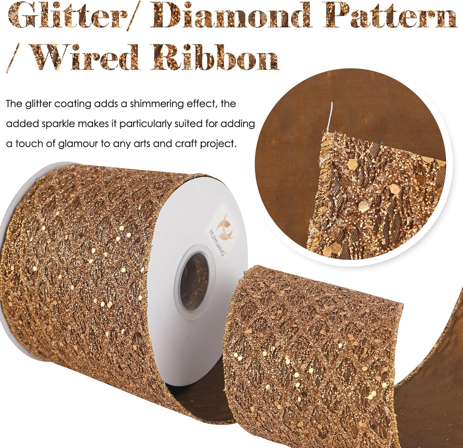 HUIHUANG Copper Wired Ribbon 4 inch Glitter Christmas Wired Ribbon Diamond Mesh Wire Ribbon for X-mas Tree Decorations, Wreaths, Garland, Large Bows Making, Thanksgiving Fall Decor -10 Yards - Crafty Corner