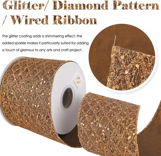HUIHUANG Copper Wired Ribbon 4 inch Glitter Christmas Wired Ribbon Diamond Mesh Wire Ribbon for X-mas Tree Decorations, Wreaths, Garland, Large Bows Making, Thanksgiving Fall Decor -10 Yards - Crafty Corner