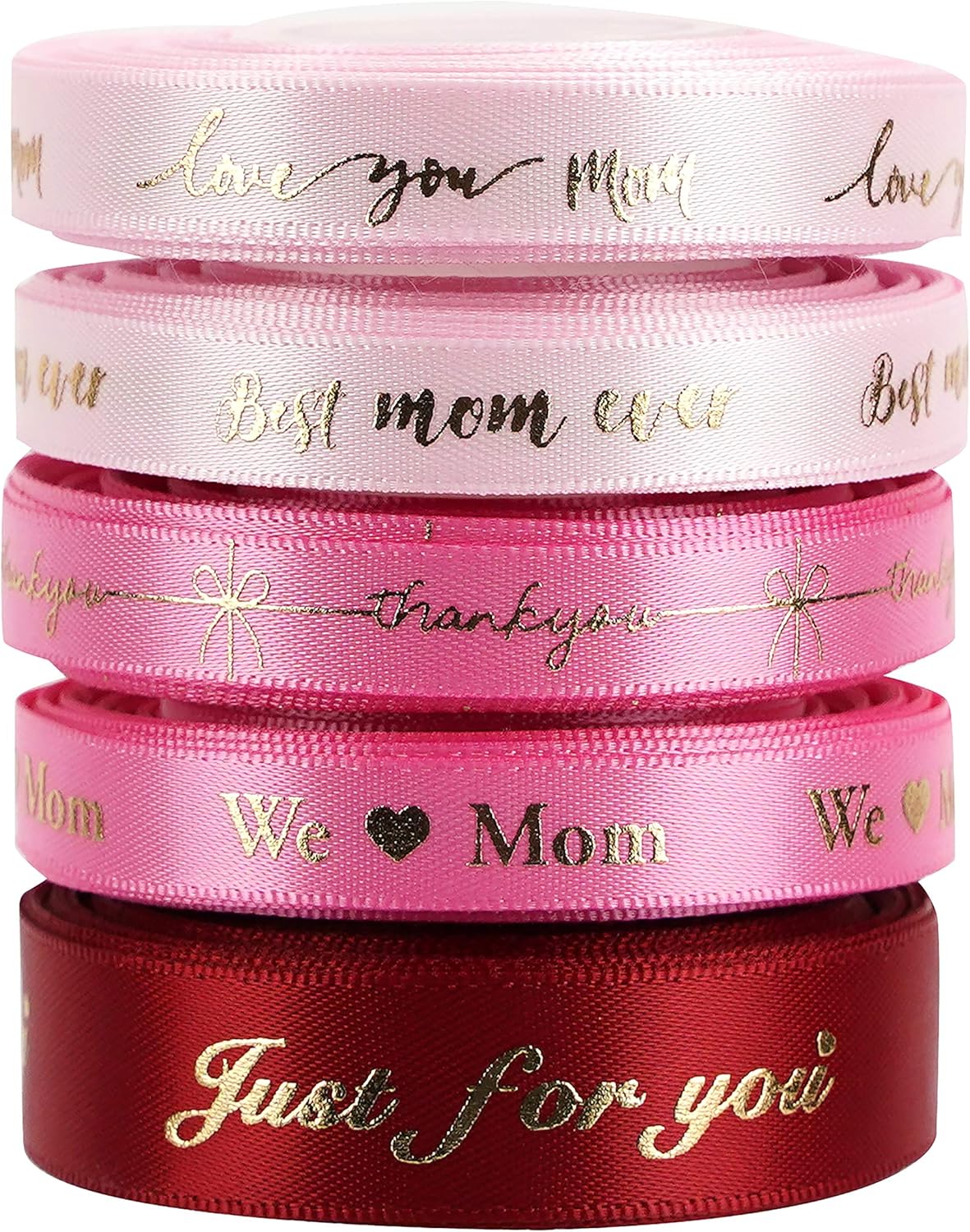 MEEDEE Pink Ribbon for Gift Wrapping Thank You Just for You Ribbon Mothers Day Gift Box Double Face Satin Assortment Thin Pink Satin Fabric, 5 Rolls 10 Yards Each Total 50 Yards - Crafty Corner