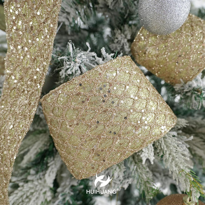 HUIHUANG Champagne Gold Christmas Ribbon 4 inch Glitter Wired Ribbon Diamond Mesh Wire Ribbon for X-mas Tree Decorations, Wreaths, Garland, Large Bows Making, Wedding Decor -10 Yards - Crafty Corner