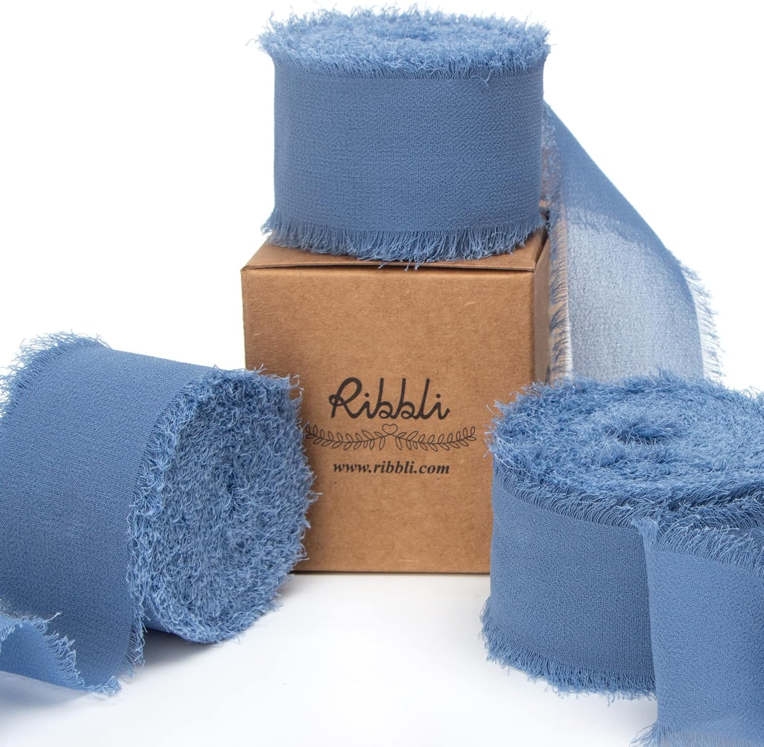 Ribbli Dusty Blue Chiffon Ribbon - 1-1/2 inch x 30 Yard Handmade Fringe Silk Ribbon for Wedding Invitations, Bridal Bouquets, Flower Arrangements - Crafty Corner