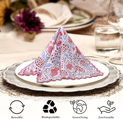 Ridhi Pigeon Blue Hand Block Print Napkins 18" x 18" Set of 4 Reusable Cotton Dinner Napkins for Weddings, Parties & Everyday Dining, Thanksgiving, Christmas, Fall