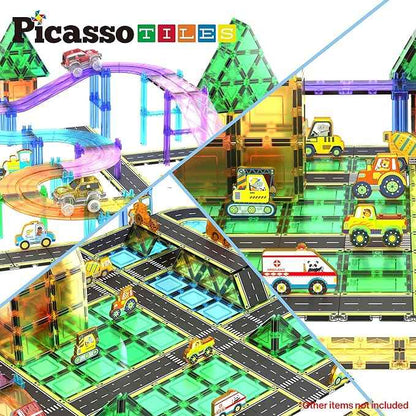 PicassoTiles Magnetic Building Tiles Car Track Magnet Vehicle Adventure Theme Printed Street Road Runway Speedway Highway Block Construction Expansion Add-on Education Learning Toys for Kids 3+ PTE16