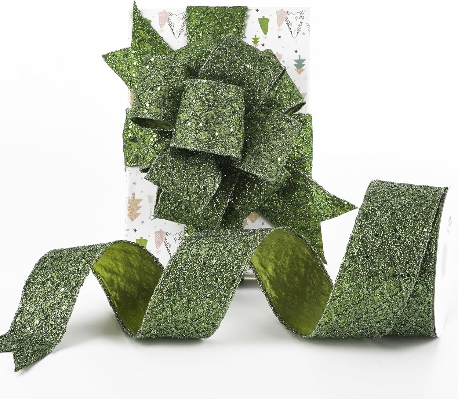 HUIHUANG Moss Green Wired Ribbon for Christmas Tree 2.5 inch Glitter Moss Diamond Mesh Ribbon for Tree Decoration, Wreaths, Garland, Gift Wrapping, Bows Making, Thanksgiving Decor -10 Yards - Crafty Corner