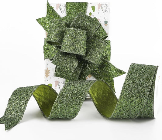 HUIHUANG Moss Green Wired Ribbon for Christmas Tree 2.5 inch Glitter Moss Diamond Mesh Ribbon for Tree Decoration, Wreaths, Garland, Gift Wrapping, Bows Making, Thanksgiving Decor -10 Yards - Crafty Corner