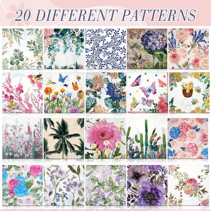Crtiin 20 Pack Assorted Floral Napkins for Decoupage Toilet Napkins Flower Cocktail Decorative Paper for Birthday Party Beautiful Gorgeous, 20 Styles Each 6.5 inches(Style 5)