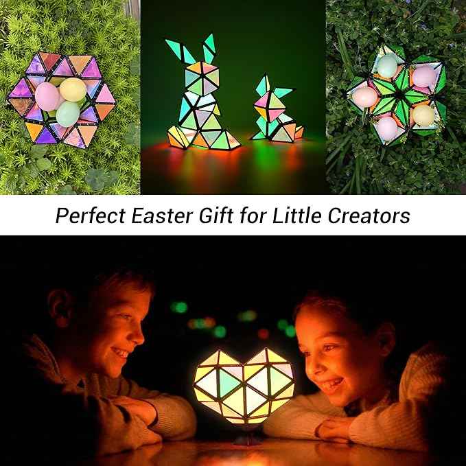 TOSY Magnet Pyramid Glow - 1 Cube Transforms into 1 Billion Shapes (Bunny, Egg, Flowers, Heart), Easter Basket Stuffers Gift, 12 pcs, 243 Magnets, Glowing, Holographic Design, Puzzle/STEM Toy, 4-Pack