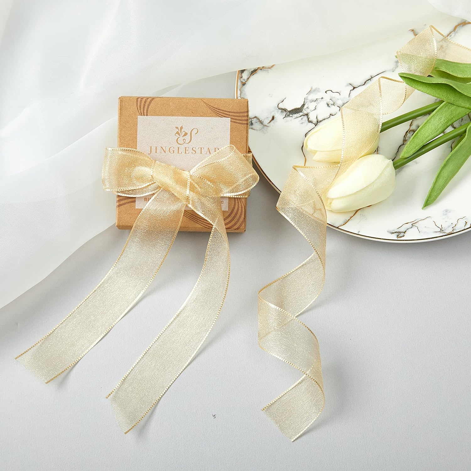 1 Inch Wide Sheer Chiffon Ribbon - Pearl Silk Woven Ribbon Suitable for Gift Wrapping, Wedding Decor, Home Decor, Girl Hair Accessories Handmade DIY (25 Yards/roll) (Champagne) - Crafty Corner