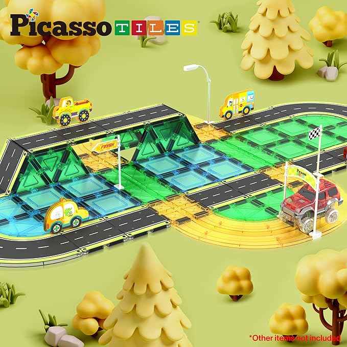 PicassoTiles Magnetic Building Tiles Car Track Magnet Vehicle Adventure Theme Printed Street Road Runway Speedway Highway Block Construction Expansion Add-on Education Learning Toys for Kids 3+ PTE16