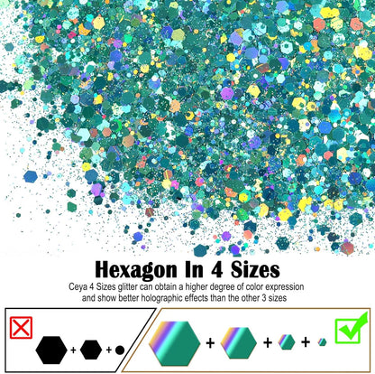 Ceya Holographic Chunky Glitter, 4.9oz/ 140g Spring Green Craft Glitter Powder Mixed Chunky & Fine Flakes Iridescent Nail Sequins for Nail, Hair, Epoxy Resin, Tumblers, Slime, Painting, Festival Decor