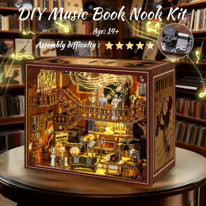 Book Nook Kit - 3D Wooden Puzzle for Adults and Teens, DIY Miniature Bookshelf Insert with LED Light, Ideal Gift for Family, Friends（Maestro's Study）