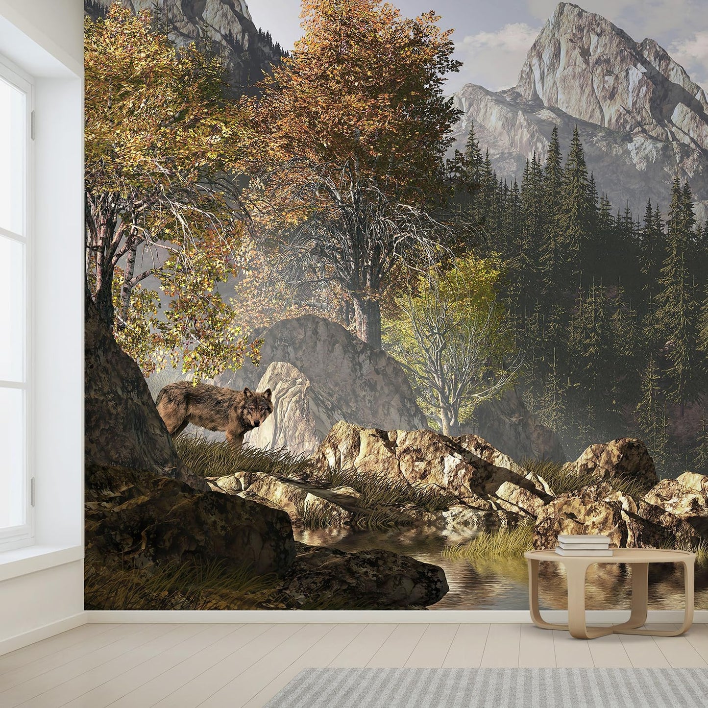 wall26 Wolf Near a Lake in a Rocky Mountain Landscape. Removable Wall Mural | Self-Adhesive Large Wallpaper - 132x120 inches