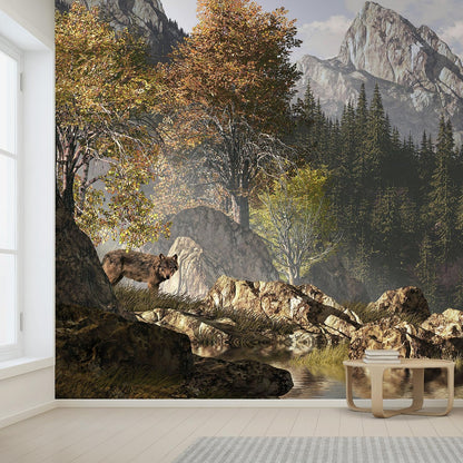 wall26 Wall Sticker/Wall Mural Wolf Near a Lake in a Rocky Mountain Landscape, Not Peel and Stick, Non-Woven Wallpaper Decorative for Bedroom, Living Room,Office - 120x192 inches