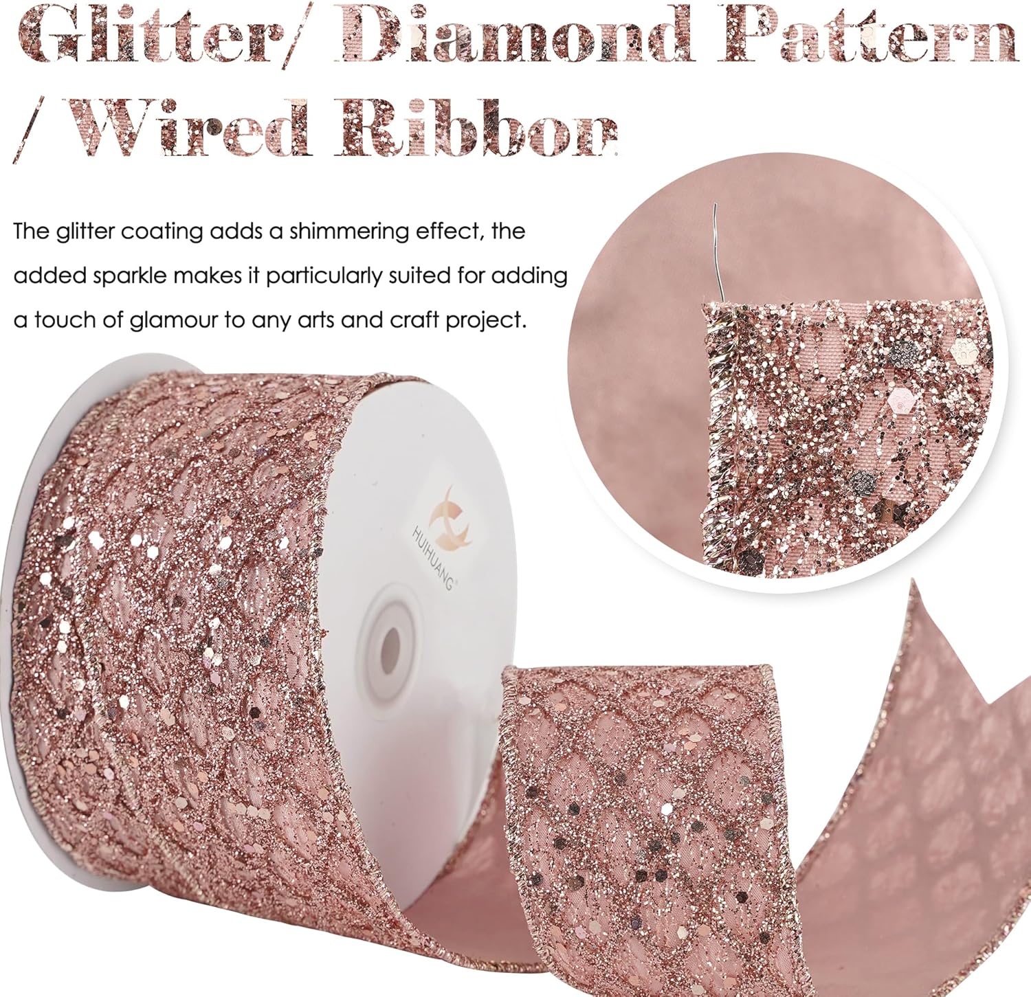 HUIHUANG Rose Gold Glitter Wired Ribbon for Christmas Tree 2.5 inch Rose Gold Diamond Mesh Ribbon for Tree Decoration, Wreaths, Garland, Gift Wrapping, Bows Making, Home Decor -10 Yards - Crafty Corner