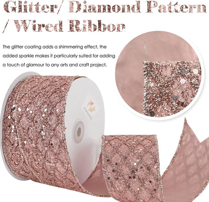 HUIHUANG Rose Gold Glitter Wired Ribbon for Christmas Tree 2.5 inch Rose Gold Diamond Mesh Ribbon for Tree Decoration, Wreaths, Garland, Gift Wrapping, Bows Making, Home Decor -10 Yards - Crafty Corner