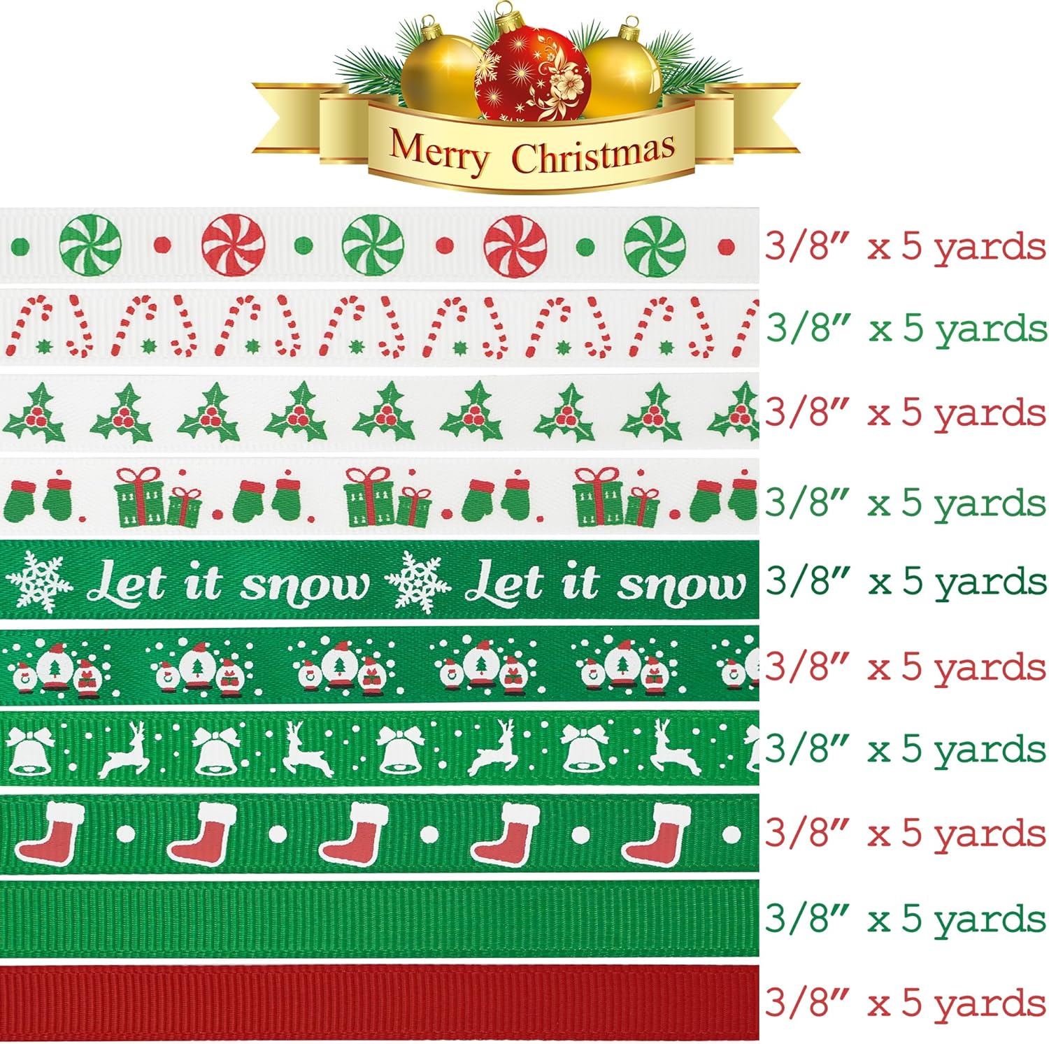 MEEDEE 3/8 inch 100 Yards Assorted Christmas Ribbon - Pack of 20 in Red, Green & White - Mix Grosgrain & Double Face Satin Ribbon for Holiday Décor, Gift Wrapping, Xmas Wreath Bow or Crafting Project - Crafty Corner