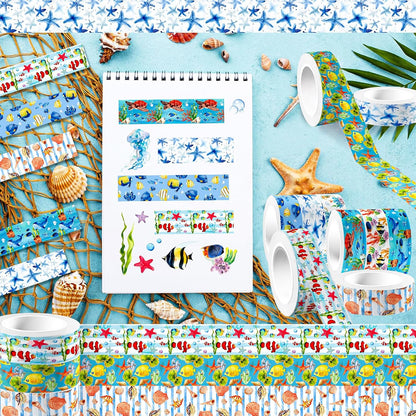 12 Rolls Blue Ocean Washi Tape, Underwater World Masking Tapes, Sea Animal Cartoon Decorative Tape for Arts, DIY Crafts, Journals, Planners, Scrapbook, Wrapping 16.4FT