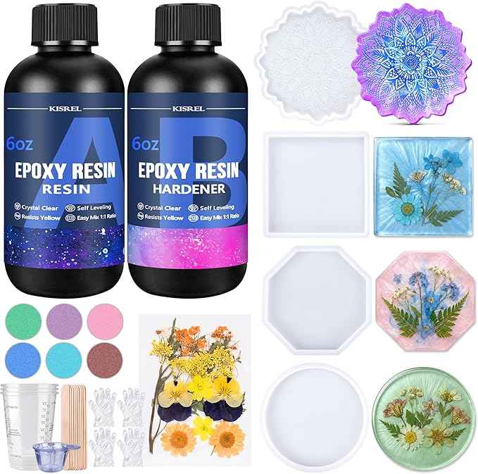 KISREL Epoxy Resin Kit for Beginners, 12OZ Resin Kit with Silicone Coaster Molds, Complete Accessories Include Mica Powders, Dried Flowers, Measuring Cups and Other Resin Supplies for DIY