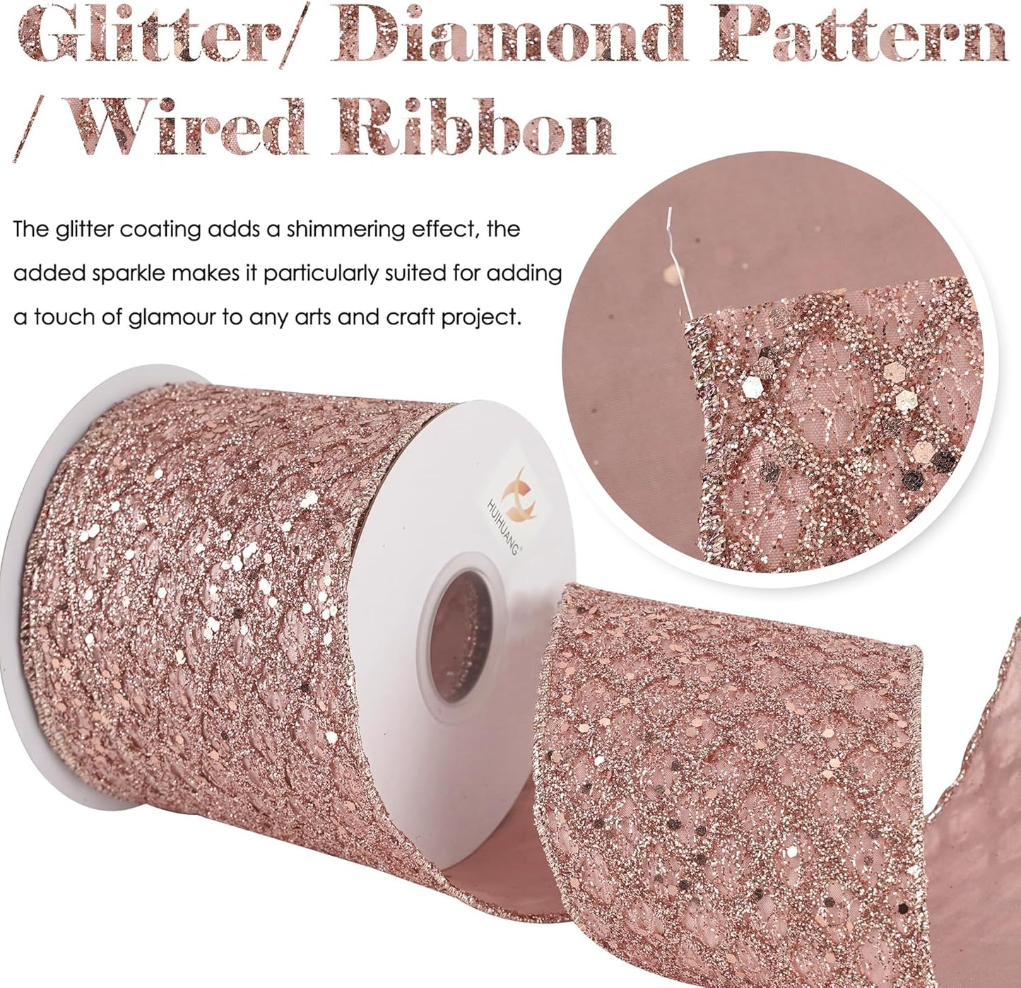 HUIHUANG Rose Gold Christmas Ribbon 4 inch Rose Gold Glitter Wired Ribbon Diamond Mesh Wire Ribbon for X-mas Tree Decorations, Wreaths, Garland, Large Bows Making, Home Decor -10 Yards - Crafty Corner
