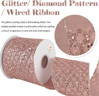 HUIHUANG Rose Gold Christmas Ribbon 4 inch Rose Gold Glitter Wired Ribbon Diamond Mesh Wire Ribbon for X-mas Tree Decorations, Wreaths, Garland, Large Bows Making, Home Decor -10 Yards - Crafty Corner