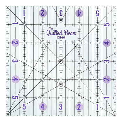 The Quilted Bear Quilting Rulers - Transparent Acrylic Non Slip Quilting, Patchwork & Sewing Ruler with Clear Black Lines & 30, 45 & 60 Degree Angles for Perfect Accuracy & Precision (6" x 6")