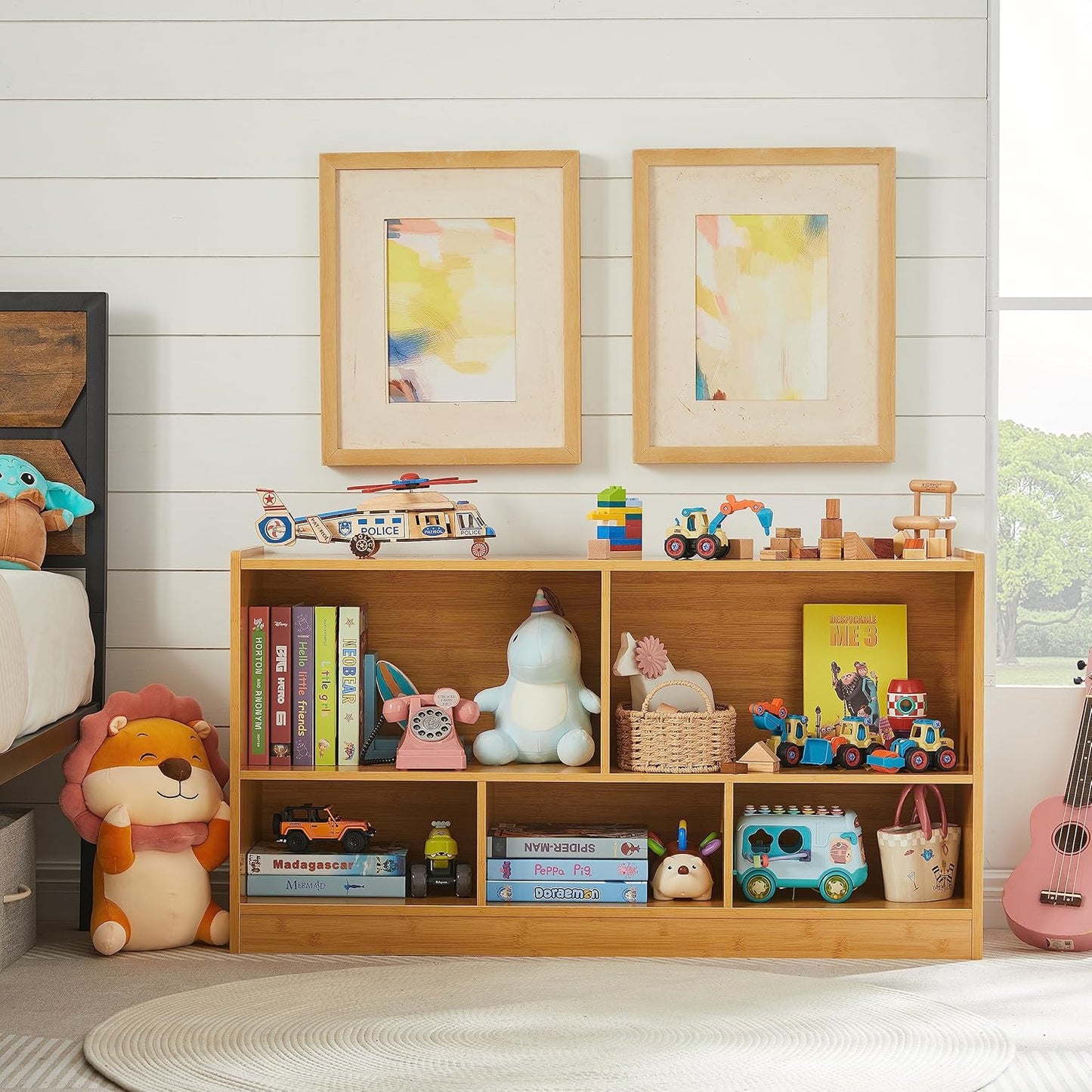 Kids Toy Storage Organizer, 5-Section Storage Cabinet for Organizing Books Toys, Wooden Bookshelf Daycare Furniture for School, Classroom Playroom, Nursery, Kindergarten (Natural)